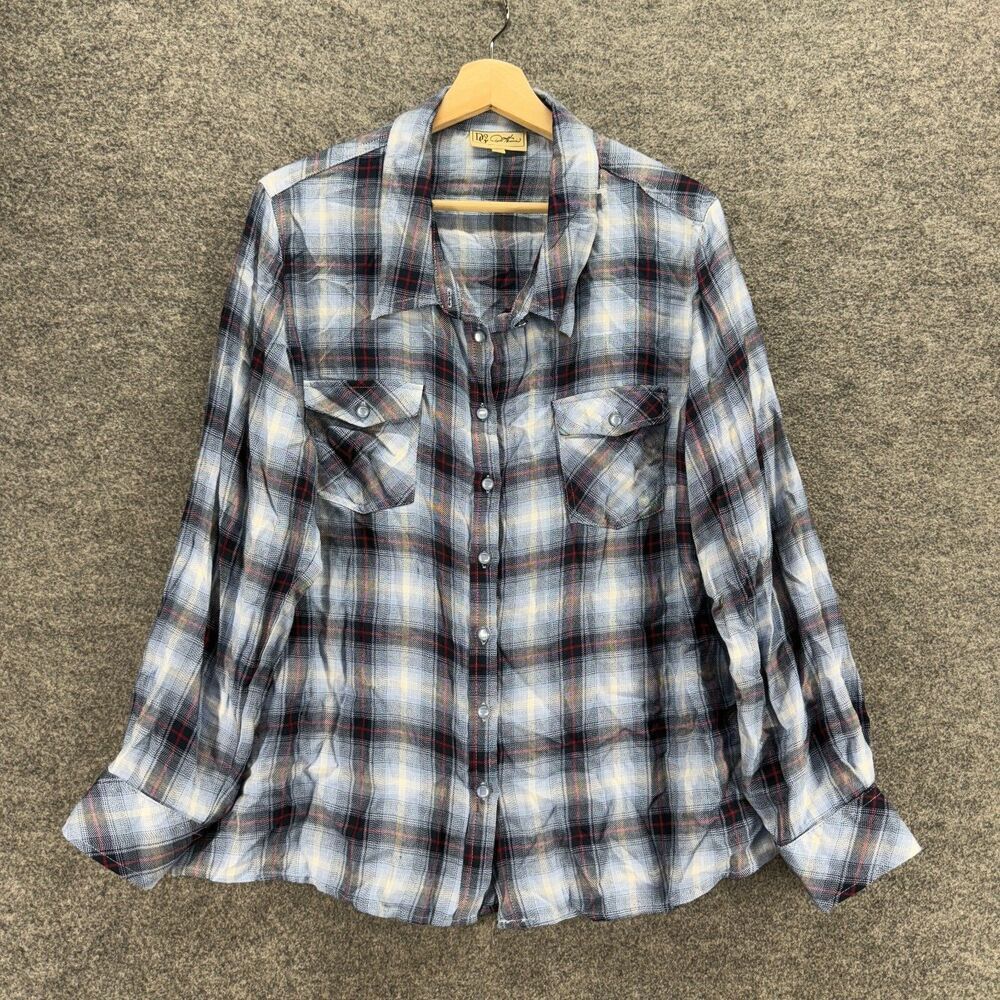 DG2 Shirt Women 1X Plus Blue Plaid Button Up Collared Long Sleeve Pockets Rayon